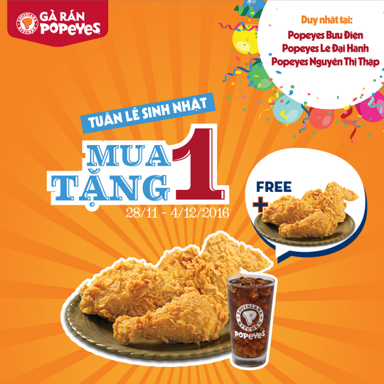 Popeyes tuần lễ mua 1 tặng 1 tại 3 cửa hàng