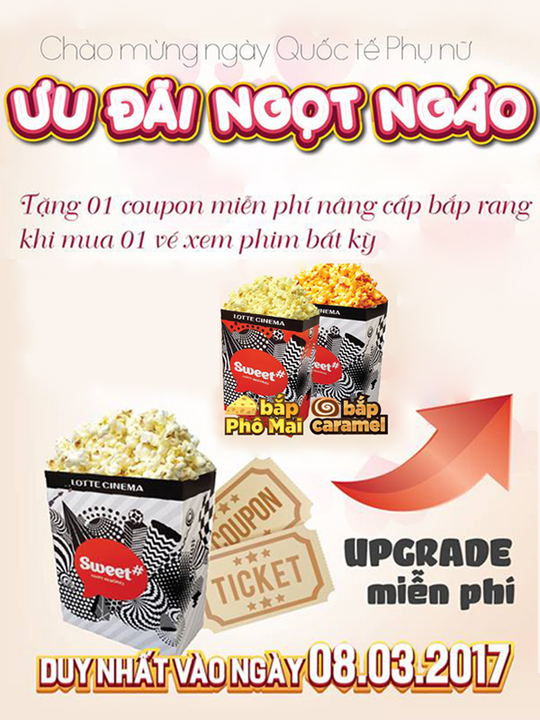 Lotte Cinema free upgrade lên bắp phô mai và caramel