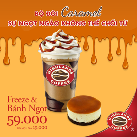 Highlands Coffee caramel Phin Freeze và bánh Caramel 59K