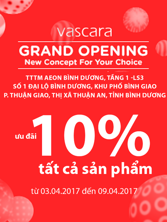 Vascara ưu đãi 10% tại Aeon Mall Bình Dương