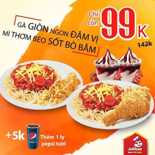 JolliBee combo gà và mì ý giá chỉ từ 99K