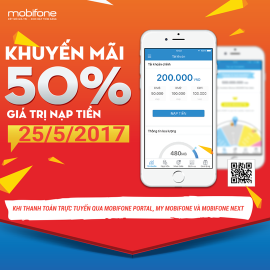 Mobifone khuyến mãi 50% thẻ nạp trực tuyến