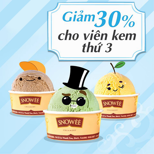 Snowee Gelato thứ 3 giảm 30% cho món viên kem thứ 3
