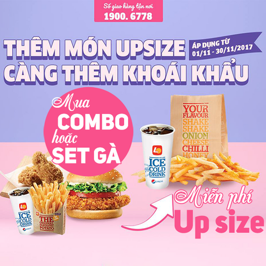 Lotteria miễn phí upsize khi mua 1 combo hay set gà