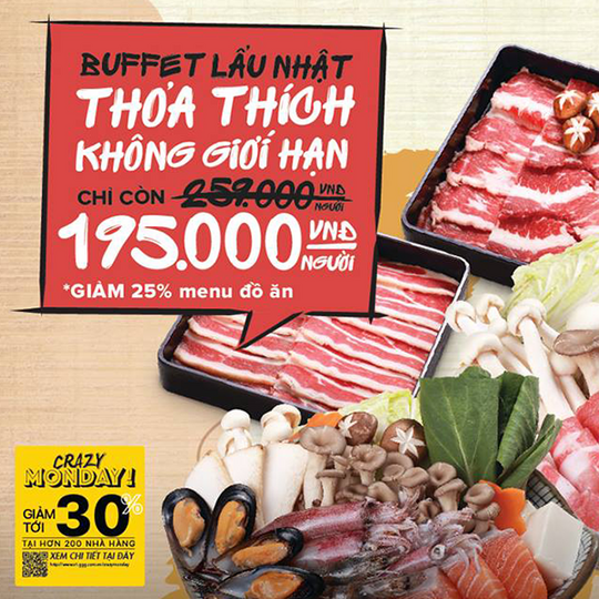 Daruma buffet lẩu chỉ 195k vào thứ 2