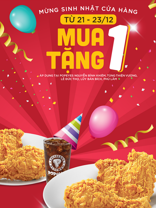 Popeyes mua 1 tặng 1 combo gà và nước