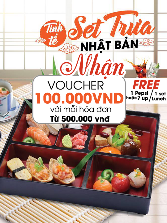 Isushi tặng voucher 100k cho hóa đơn từ 500k