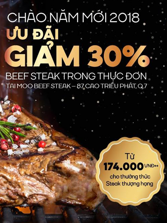 Moo Beef Steak giảm 30% Beef Steak trong menu