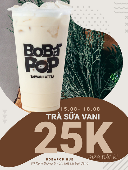 Bobapop đồng giá 25k trà sữa vani size bất kì