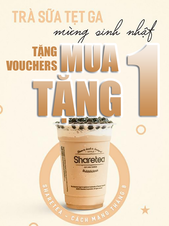 Sharetea Vietnam tặng voucher mua 1 tặng 1 mừng sinh nhật