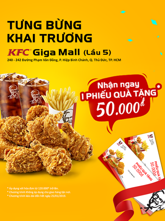 KFC tặng voucher 50k cho hóa đơn từ 120k