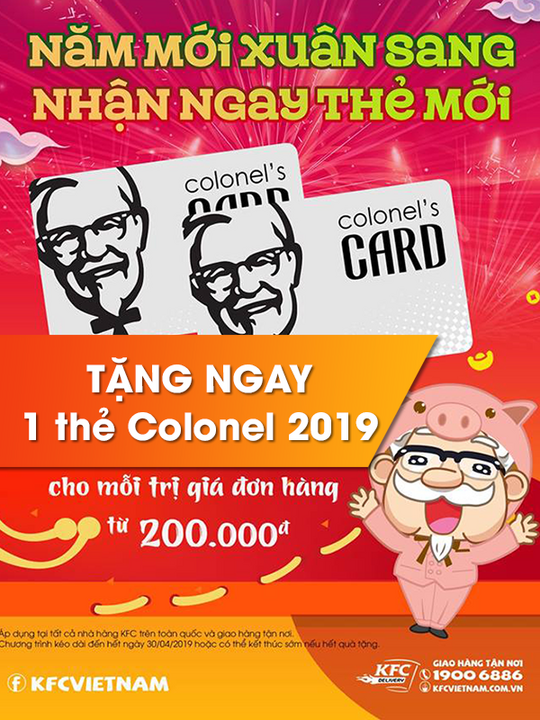 KFC tặng thẻ Colonel giảm 10% với HĐ từ 200k