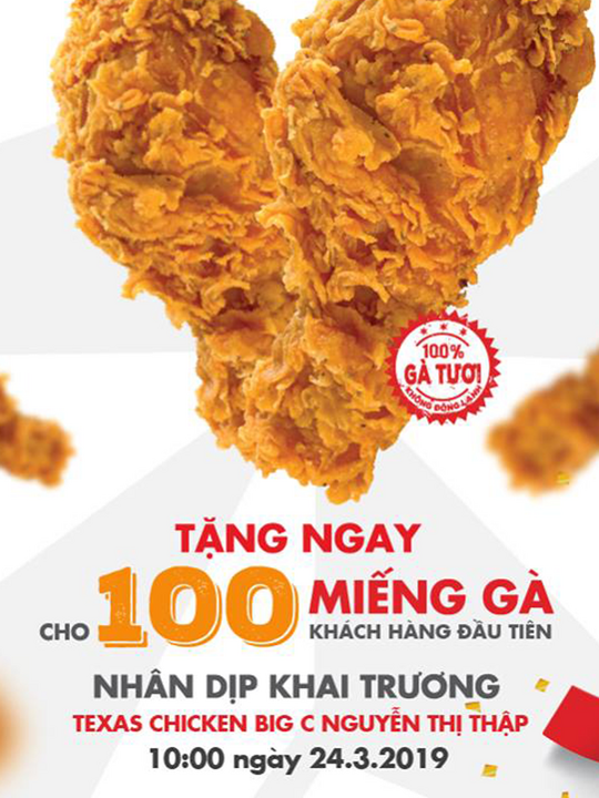 Texas Chicken tặng 100 miếng gà cho 100 KH đầu tiên