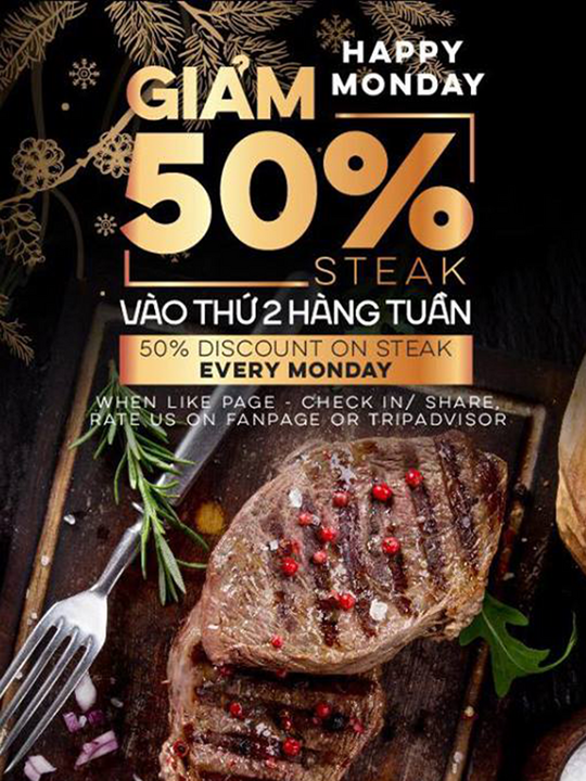 Moo Beef Steak giảm 50% các món bò vào thứ 2