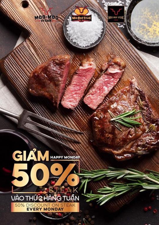 Moo Beef Steak ưu đãi 50% cho tất cả món Steak mỗi thứ 2