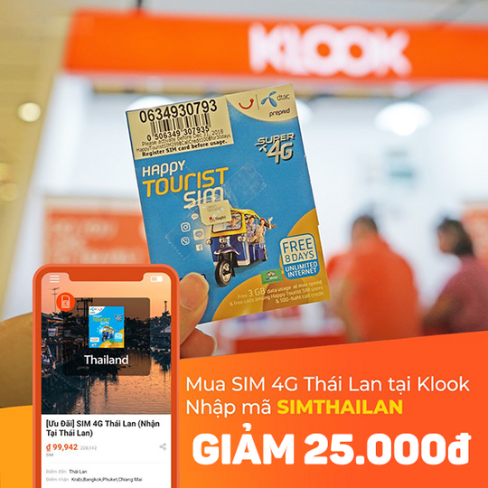 Klook giảm 25k khi mua sim 4G Thái Lan