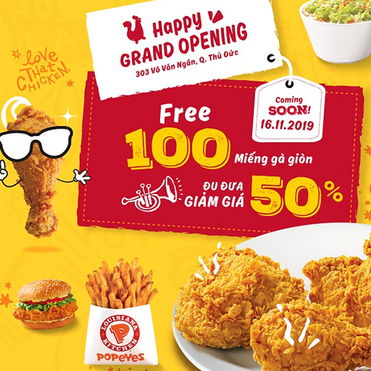 Popeyes tặng 100 miếng gà & giảm 50% món lẻ