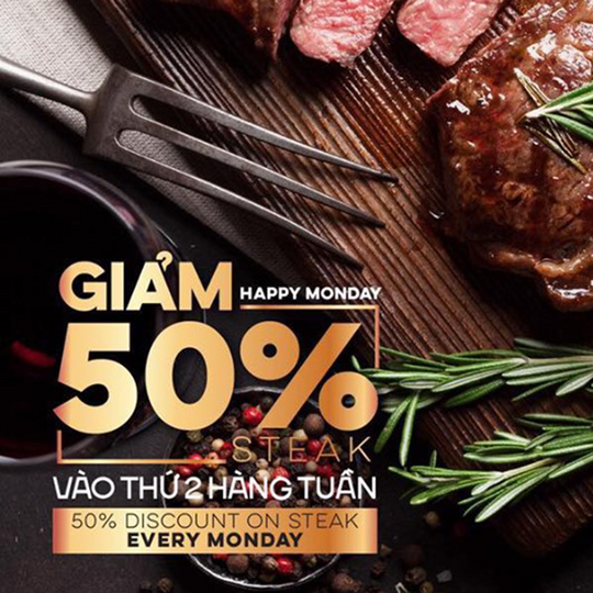 Moo Beef Steak giảm 50% món Steaks vào thứ 2