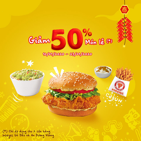 Popeyes giảm giá 50% menu món lẻ