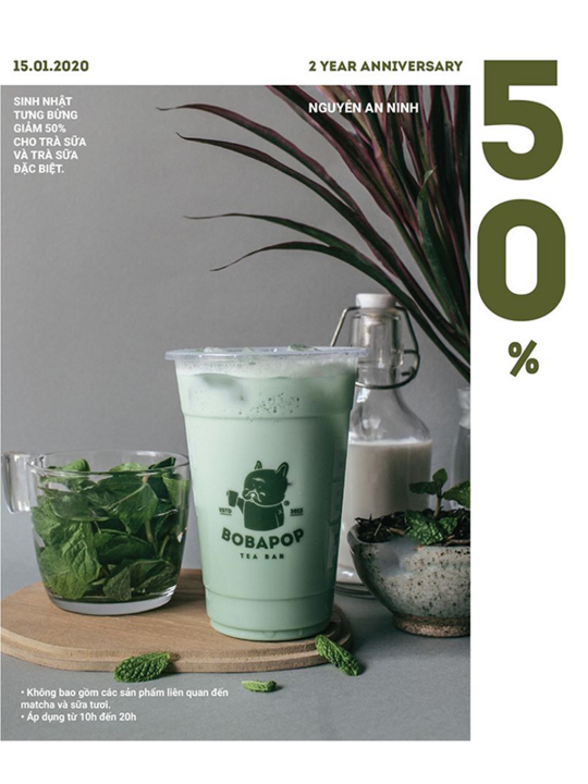 Bobapop giảm giá 50% toàn bộ menu mừng SN