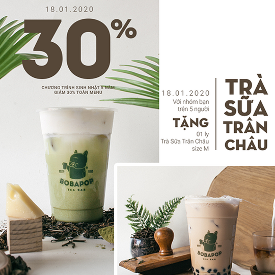 Bobapop giảm giá ngay 30% và tặng trà sữa size M