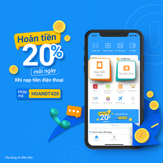 AirPay hoàn tiền 20% khi nạp điện thoại