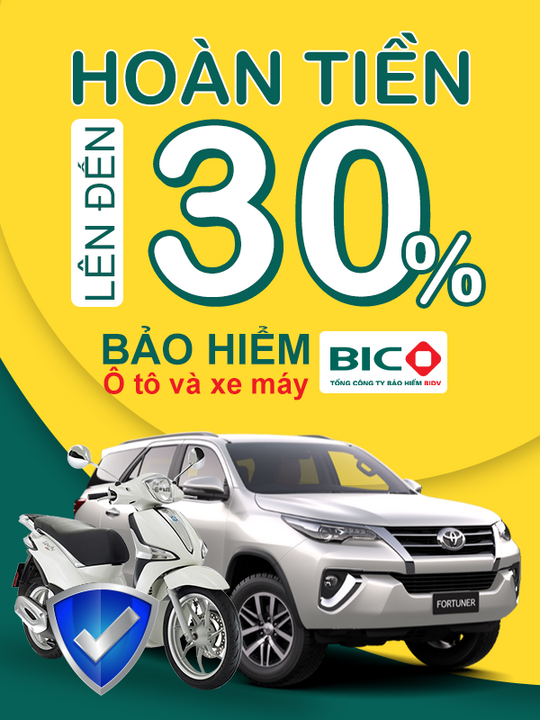 BIDV hoàn tiền đến 30% khi mua BH ô tô, xe máy