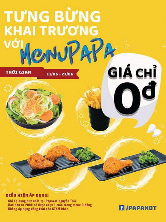 Papaxot khuyến mãi menu 0Đ mừng khai trương