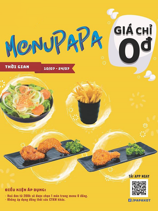 Papaxot tặng 1 món trong menu 0đ với HĐ từ 200k