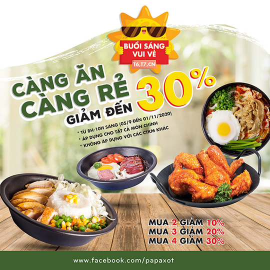 Papaxot khuyến mãi đến 30% tất cả món chính
