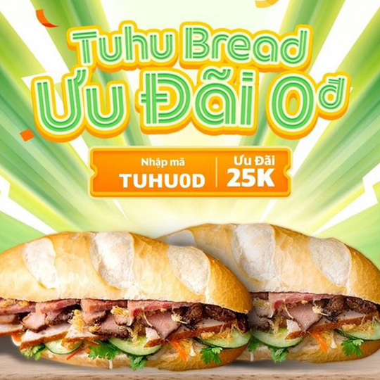 GrabFood khuyến mãi bánh mì Tuhu 0Đ