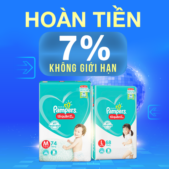 Pampers hoàn 7% khi mua sp Pampers tại Shopee