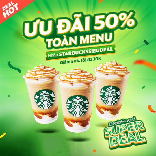 Starbucks Vietnam khuyến mãi 50% toàn menu qua GrabFood