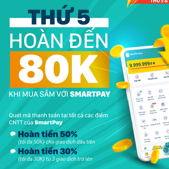 SmartPay hoàn đến 80K vào các ngày thứ 5