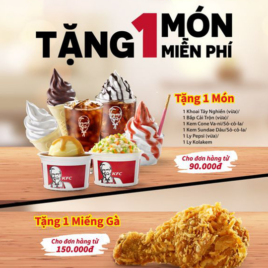 KFC tặng 1 món miễn phí khi mua hoá đơn từ 90k