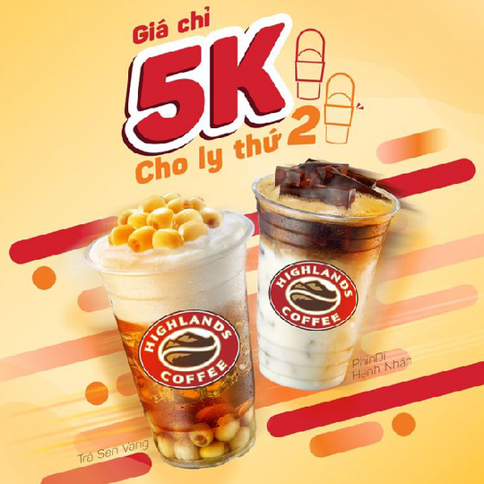 Highlands Coffee ưu đãi giá 5K cho ly thứ 2 Trà/ PhinDi 