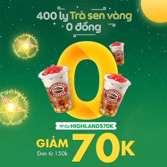 Highlands Coffee giảm 70k cho hóa đơn từ 150k tại Grabfood