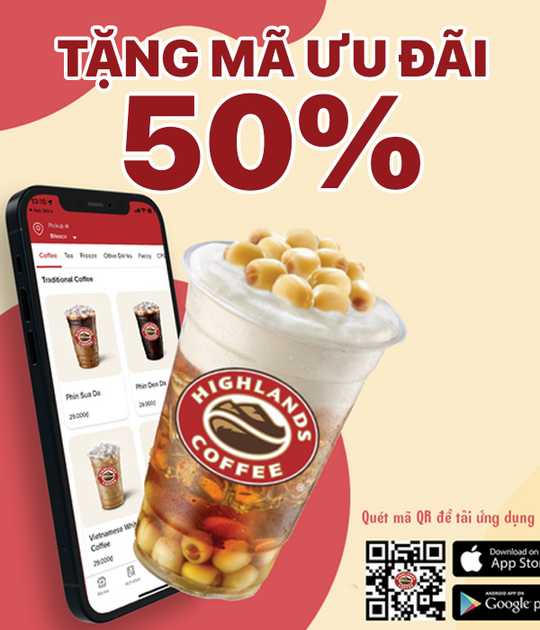 Highlands Coffee ưu đãi 50% cho bạn mới khi tải app